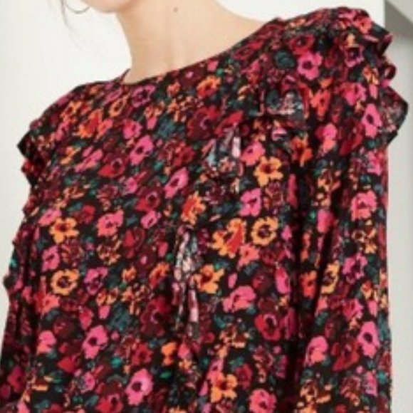 Wild Fable Floral Long Sleeve Ruffle Blouse, Vivid Colors, XS - Picture 3 of 4